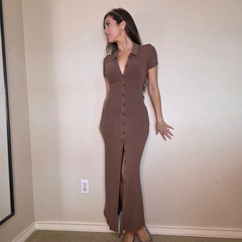 Ribbed backless maxi shirt dress
